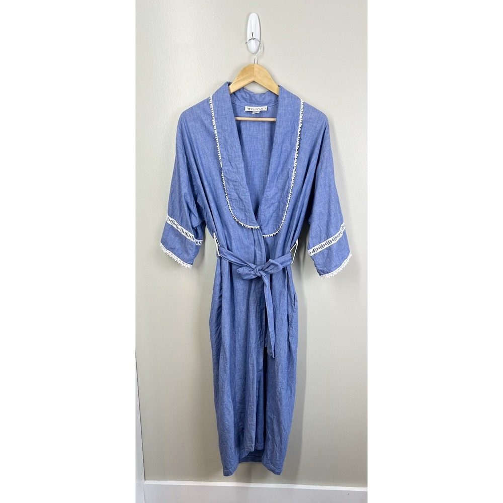 Vtg Priamo New York Cotton Chambray Blue Robe Women's Petite Belt Cottage Core